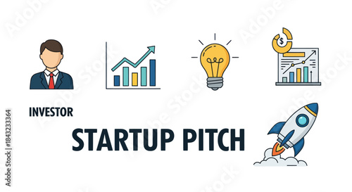 Startup Pitch Investor Presentation with Rocket Launch and Growth Charts.