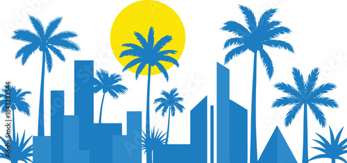 Tropical city skyline with palm trees and sun, urban beach landscape in blue and yellow flat illustration style for summer design.
