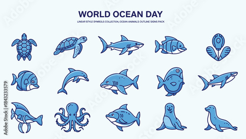 World ocean day illustrations of various sea creatures on light blue background, Generative AI.