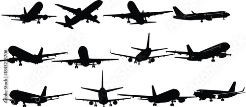 Set of 12 commercial airplane silhouettes in flight positions for aviation, travel, transport, aircraft design, and vector illustration themes