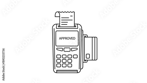A black and white line drawing of a payment terminal with a receipt and card reader attached, Generative AI.