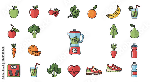 Vibrant cartoon healthy food fruit vegetable and fitness icons collection.