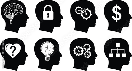 Set of human head silhouettes with symbols inside representing brain, security, money, love, time and business organization for psychology concept vector illustration design icon