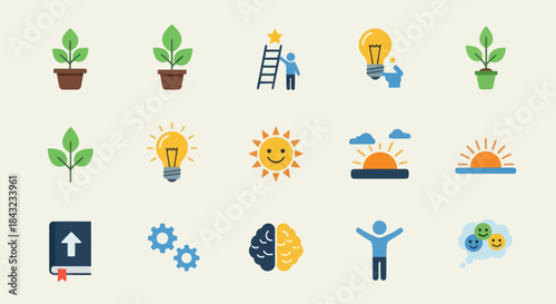 Various flat icons representing growth success and well-being concepts.