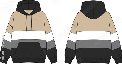 unisex color-block pullover hoodie with oversized fit, kangaroo pocket, drawstring hood, and ribbed cuffs, vector illustration