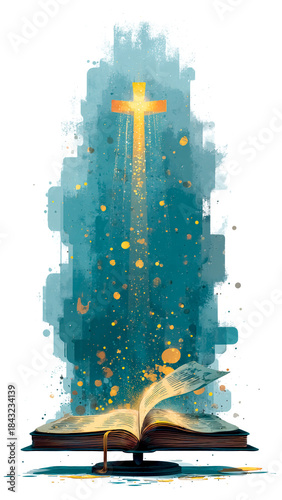 Illustration of Open Bible with Golden Cross and Blue Abstract Watercolor. Religious Knowledge, Spiritual Revelation, Artistic Faith.