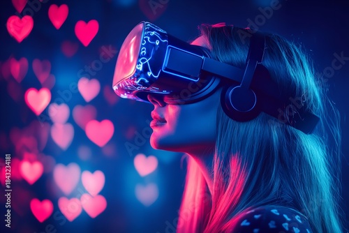 Young Woman Experiencing Virtual Reality with Heart Shaped Bokeh Lights, Generative AI.