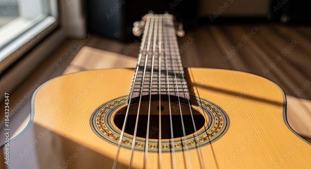 Obraz premium A close-up of a guitar's neck with a wooden body and a brown pickguard.