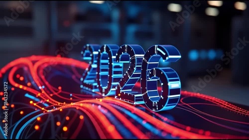 The image is a futuristic representation of the year 2026 