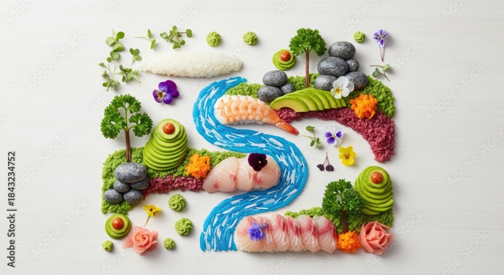 Obraz premium A colorful, artistic arrangement of sushi and vegetables on a white background.