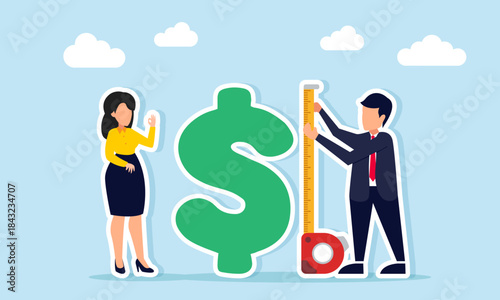 Businessman measuring a dollar symbol with a height measuring tool illustration of calculating investment capital receivables and business profit