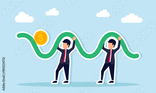 Two businessmen working together to roll a dollar coin along a wavy track illustration of managing company cash flow