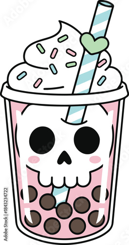 Vector illustration of a cute pastel pink bubble tea cup featuring a skull face, tapioca pearls, whipped cream with sprinkles, and a heart-decorated straw.