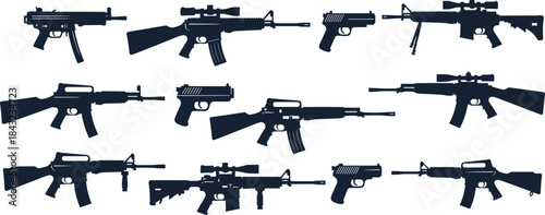 Set of modern military weapon silhouettes featuring sniper rifles pistols and machine guns, black vector illustration isolated on white background for tactical army graphic design