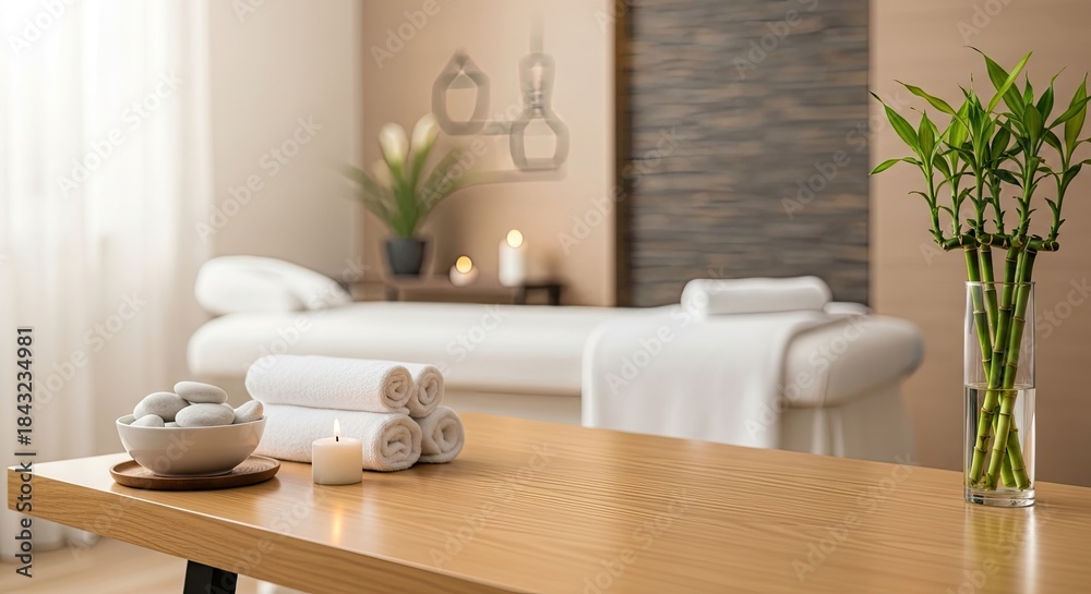 Fototapeta premium A serene spa setting with a wooden table, white towels, and bamboo plants.