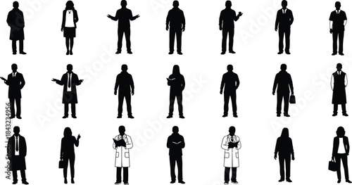 Set of professional people silhouettes featuring doctors nurses and business men standing isolated on white background for medical corporate and occupation graphic design vector
