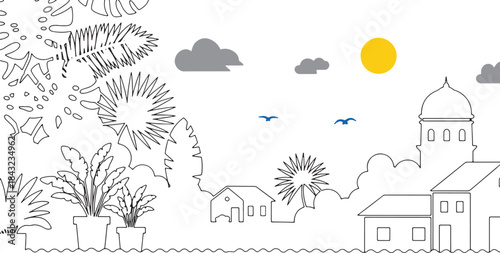 
Mediterranean coastal village with tropical plants and architecture, seaside landscape in black and white line art with colorful accents for coloring page.