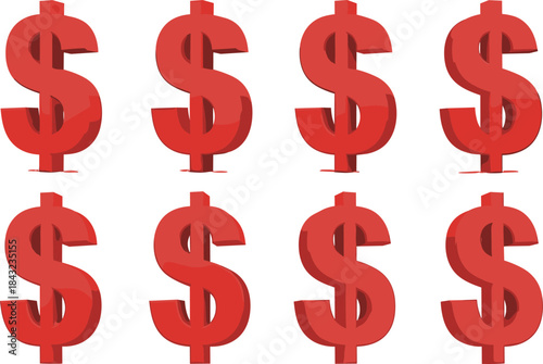 Set of red 3D dollar sign symbols isolated on white background for finance, money and banking design vector illustration collection showing different rotation angles