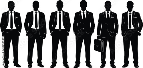 Set of six male business silhouettes in formal suit attire, showcasing professional posture, corporate style, and executive presence on white background