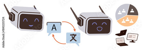 Two smiling AI robots exchanging text in different languages, speech bubbles, and translation icons. Ideal for language learning, technology, AI, innovation, communication, collaboration education