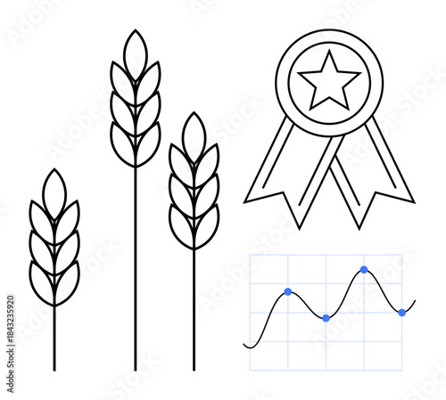 Agriculture, sustainability, food production, quality assurance, analytics, economic growth. Minimalist wheat plants, award ribbon and growth chart. Agriculture and sustainability