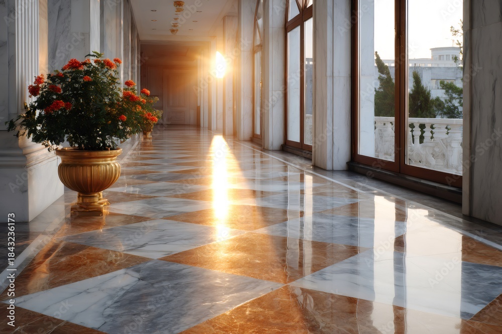 Naklejka premium Luxury hallway with sun reflection on marble floor