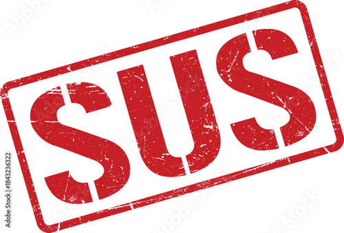 Red Distressed SUS Rubber Stamp Impression, Bold SansSerif Letters on White Background