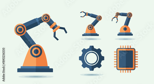 Industrial Robotic Arms Gear and Microchip Icons.
