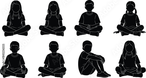 Silhouette children sitting cross-legged in various poses for posture study, meditation, classroom, behavior analysis, and educational vector design