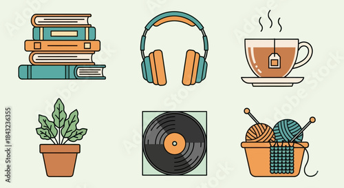 Collection of cozy hobby and leisure icons: books headphones tea plant vinyl and knitting.