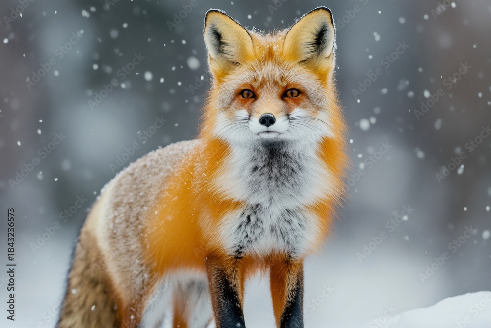 Obraz premium Red fox standing in snow during winter snowfall