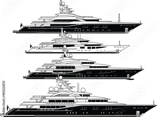 Luxury yacht silhouette comparison set – modern marine vessel vector icons for travel, transportation, nautical design, boating, cruise, lifestyle themes