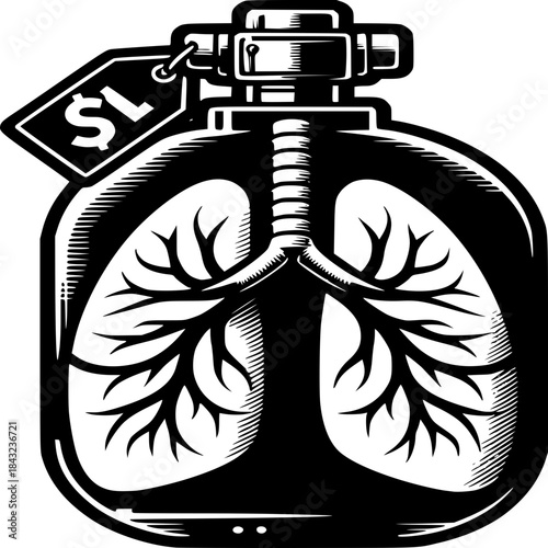 Fragile Lungs: A conceptual artwork showing lungs contained within a glass vessel with a price tag, symbolizing the monetary value of health.