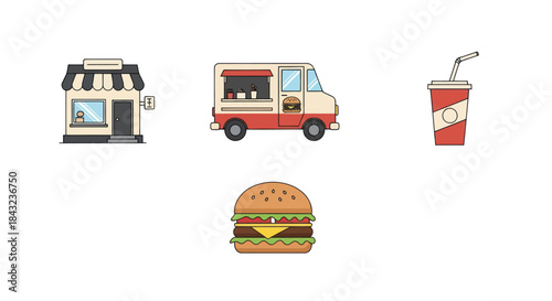 Collection of colorful fast food service icons including restaurant food truck soda and hamburger.