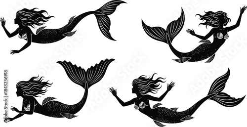 Mermaid silhouette vector set with flowing hair and detailed tails in swimming poses for fantasy ocean mythical sea creature illustration design