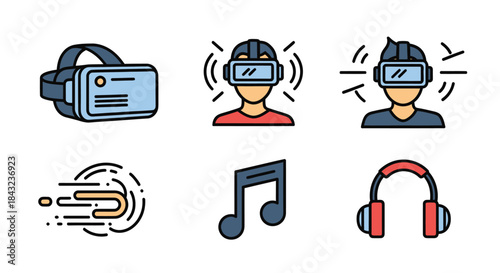 A colorful filled outline icon set representing virtual reality audio technology and immersive entertainment.