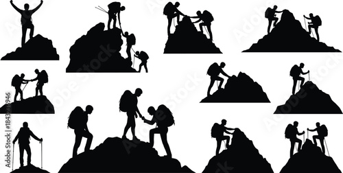 Silhouette hikers climbing mountains, helping teammates, trekking with poles, celebrating on peaks, teamwork adventure vector set for outdoor lifestyle themes