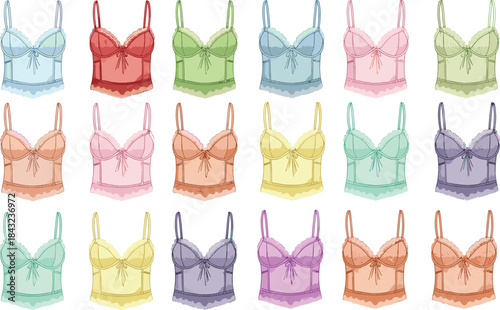 Set of colorful vector illustrations of women's lace camisole tops or lingerie isolated on white background for fashion design