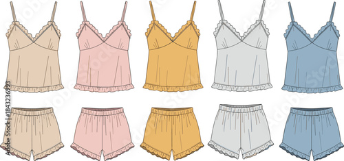 Set of colorful vector illustrations of women's sleepwear pajamas with camisole tops and shorts isolated on white background for design