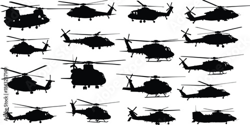Military Helicopter Silhouettes Set Featuring Combat, Transport, and Recon Aircraft in Black Vector Style Isolated on White Background