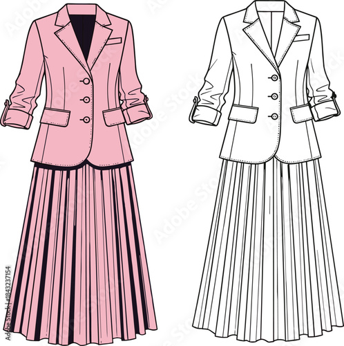 women's suit with fitted blazer, three-quarter cuffed sleeves, and a maxi-length pleated A-line skirt, vector illustration