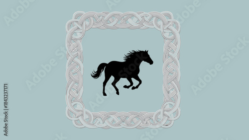 Elegant Horse Silhouette in Ornamental Frame: A sophisticated black horse silhouette within a ornate decorative border against a soft background evokes a sense of classic grace.