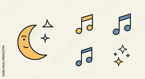 Cartoon Crescent Moon with Smiling Face and Musical Notes.