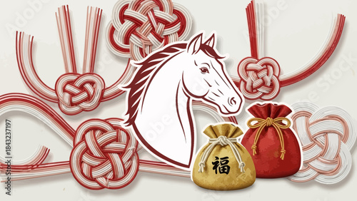 Lunar New Year Festivities: An artistic illustration captures the spirit of the lunar new year, with a horse illustration and a collection of lucky knots, symbolizing prosperity and good fortune.