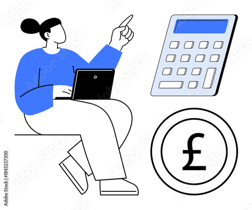 Financial planning, budgeting, accounting, digital tools, cost analysis, currency management. A person with a laptop, a calculator and a pound currency sign. Financial planning and budgeting