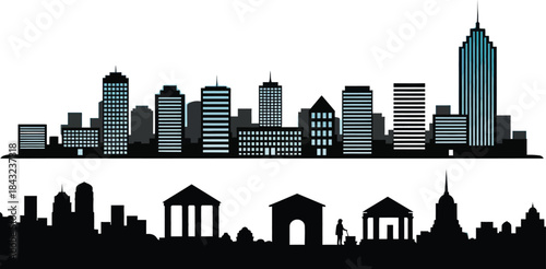 A striking black silhouette of the New York City skyline architecture features urban skyscrapers and famous downtown landmarks in a panoramic vector illustration of the USA travel landscape