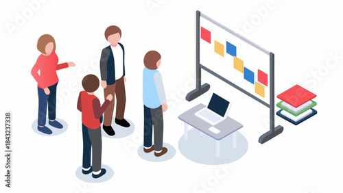 Isometric view of a team brainstorming with sticky notes on a whiteboard near a laptop and document stack