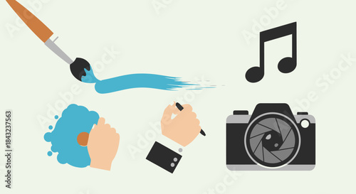 Creative Arts Icons: Painting Writing Photography and Music Illustration.