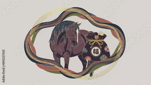 Symbolic Horse and Fortune: An illustration presents a regal horse alongside a satchel overflowing with riches, surrounded by a ring of color, evoking prosperity and good fortune.