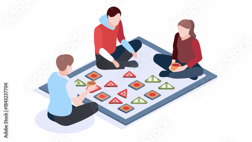 Three people sitting cross legged on a blanket playing a board game with triangle and square pieces